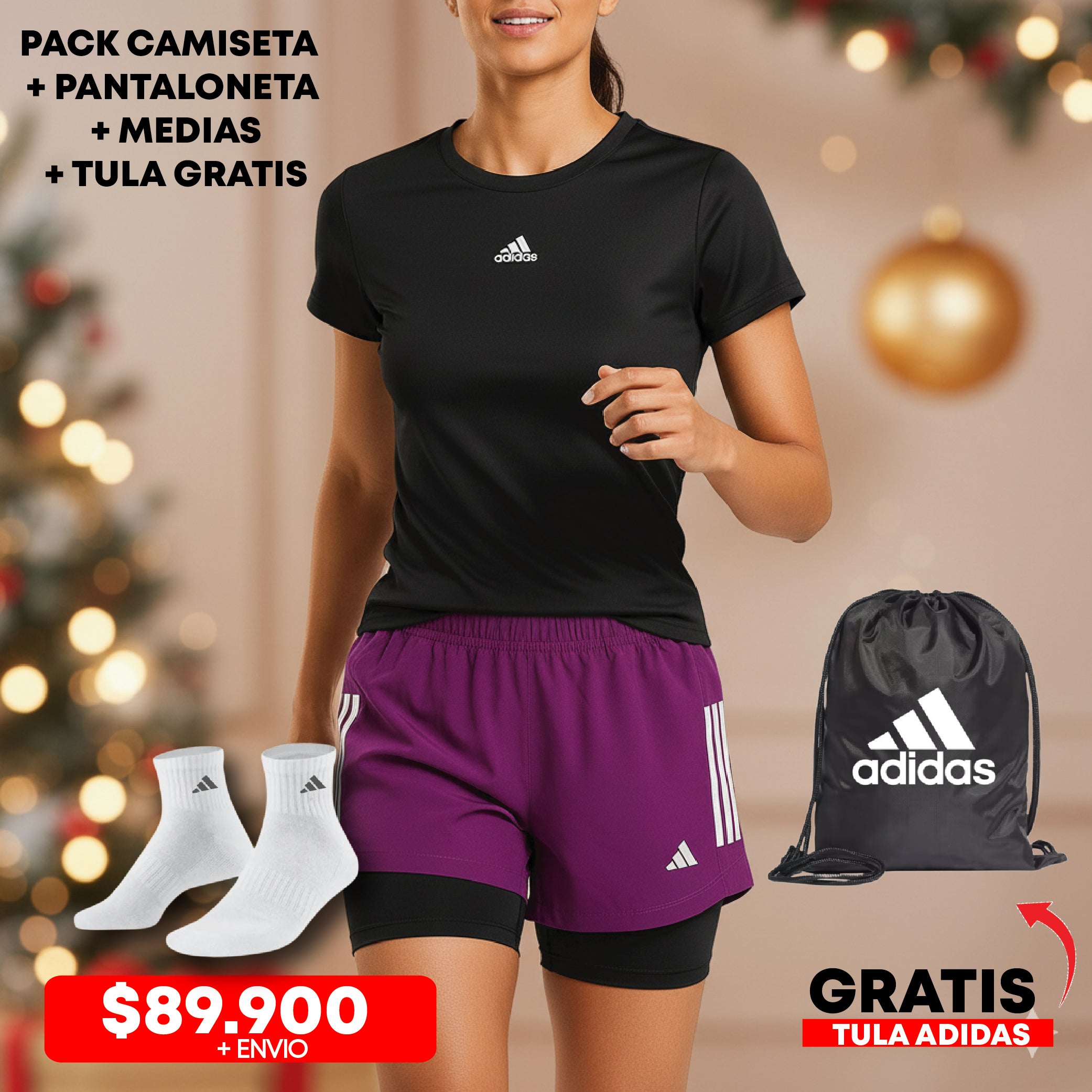 COMBO NAVIDEÑO, SHORT PURPURA + CAMISETA NEGRA